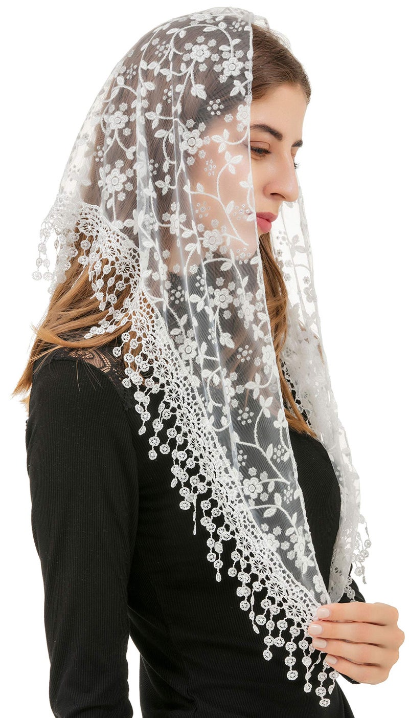 PAMOR Triangle Lace Veil Mantilla Cathedral Head Covering Chapel Veil for Mass Wedding Bridesmaids (White) - Image 4